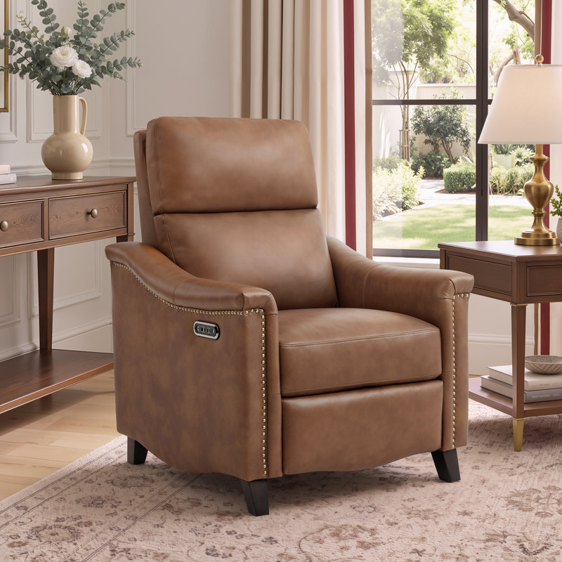 Fauteuil inclinable électrique moderne en cuir véritable Porto, Brown Leather Match