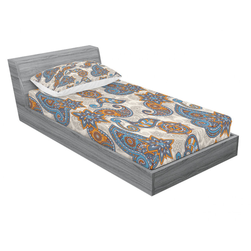 Ensemble de draps à motif cachemire, Ensemble de draps pour lit simple avec drap-housse, Oriental Spring Flowers Paisley