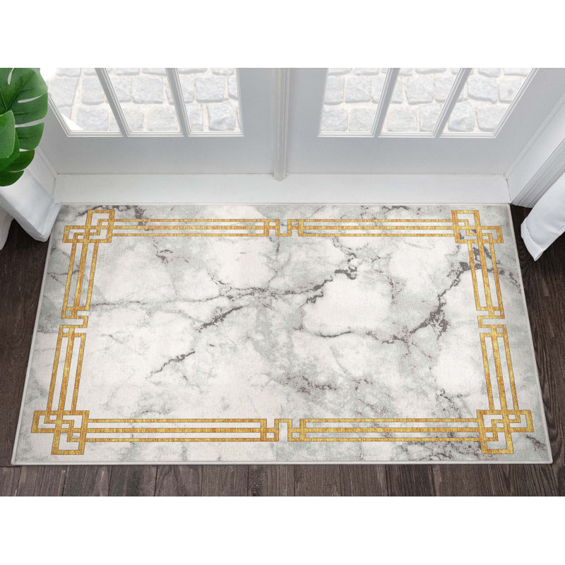 Gerde Marble Beige Abstract Pattern Flat-Pile Rug, Rectangle 3'3" x 5'