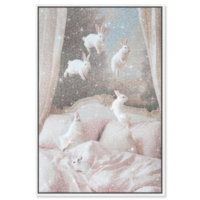 Oliver Gal Leaping Bunnies Animals - Diamond Dust Framed Canvas Art