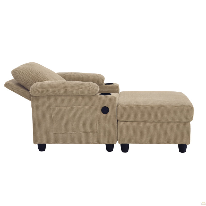 Ensemble de fauteuil d'appoint et repose-pieds avec rangement, méridienne convertible simple avec dossier inclinable, porte-gobelets, ports USB-C