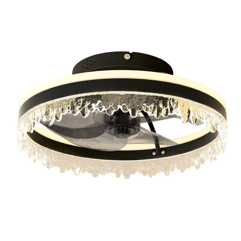 16" Black Modern LED Ceiling Fan Light With Remote & Crystal Design, 16"