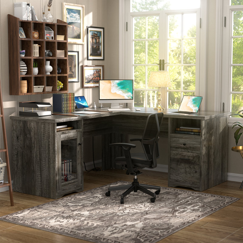 Bureau de direction en L 60 po avec tiroirs et prises de courant Detcho, Bleu marine