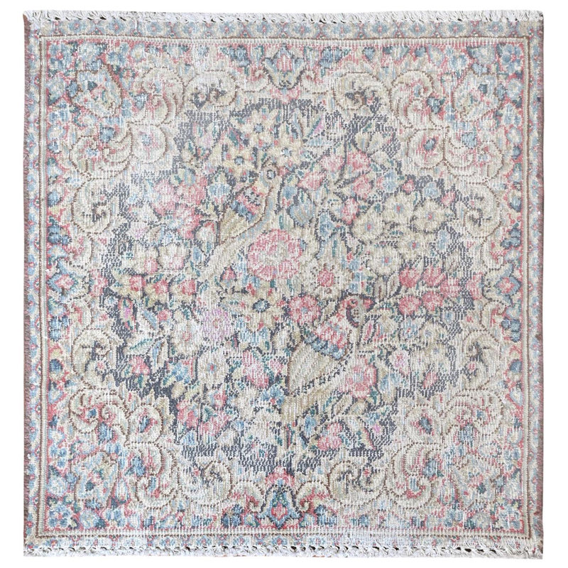 Tapis oriental carré en laine noué à la main à poil long de 1 pi 9 po x 1 po 9 po Kerman Shabby Chic