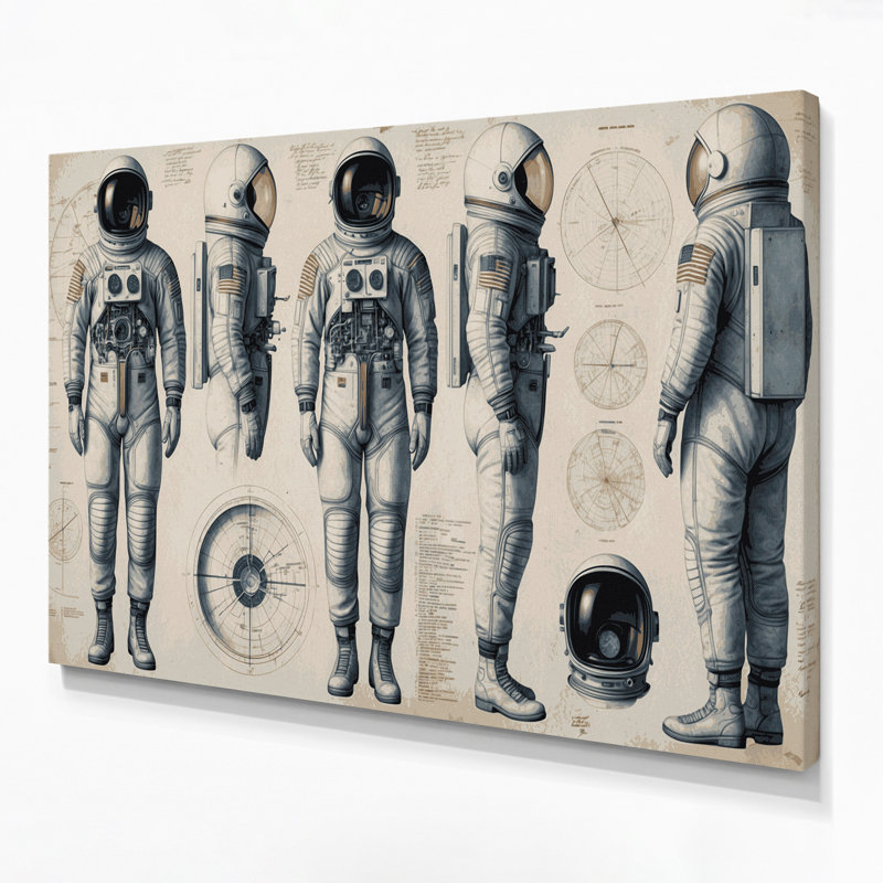 «Space Space suit», dessins techniques sur toile beige, H 16 po x l 20 po