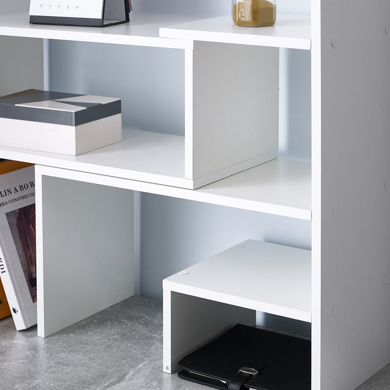 White Adjustable Compact Desk Bookshelf with Cubes