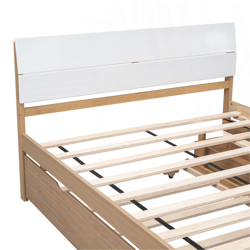 Cadre de lit double moderne avec lit gigogne simple et 2 tiroirs blanc brillant avec couleur chêne clair, Blanc / Chêne