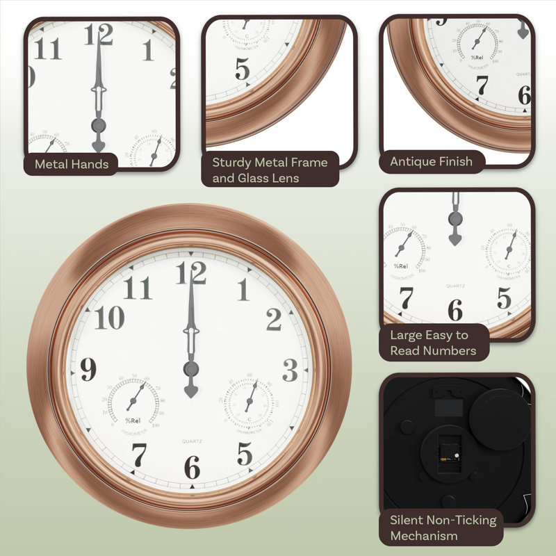 Decorative 18 Quartz Battery-Powered Indoor/Outdoor Patio Wall Clock Thermometer, Copper