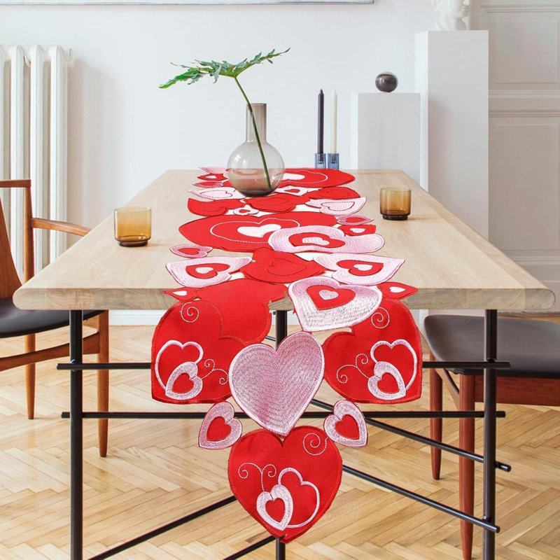 Embroidered Valentine Day Table Runner Love Heart Table Runner  Valentines Decorations Heart Valentines Cover For Sweetest Day Wedding Decor