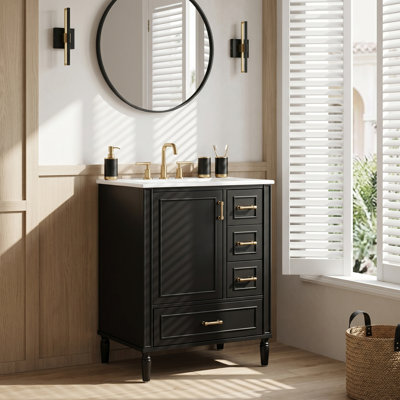 Meuble-lavabo moderne autoportant 24 po avec lavabo en céramique, 3 tiroirs et support de porte 24 po