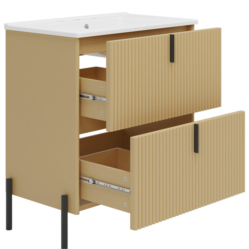 Meuble-lavabo de salle de bain 30 po avec lavabo en céramique, tiroir extensible et esthétique cannelée artisanale pour espaces de chalets modernes. Tiroirs autoportants, mécanisme à fermeture douce. Salles de bain de luxe.
