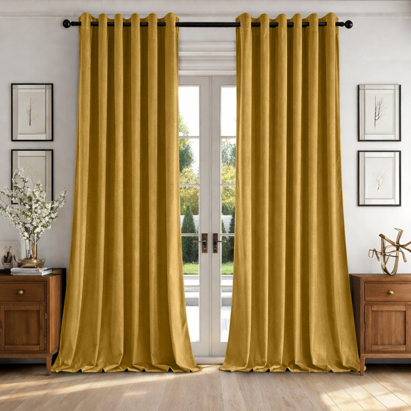 Alsey 100% Velvet Blackout Eyelet Ready Made Curtains & Drapes with matching Tie Backs, (168 Width X 183 Height) cm, Ochre