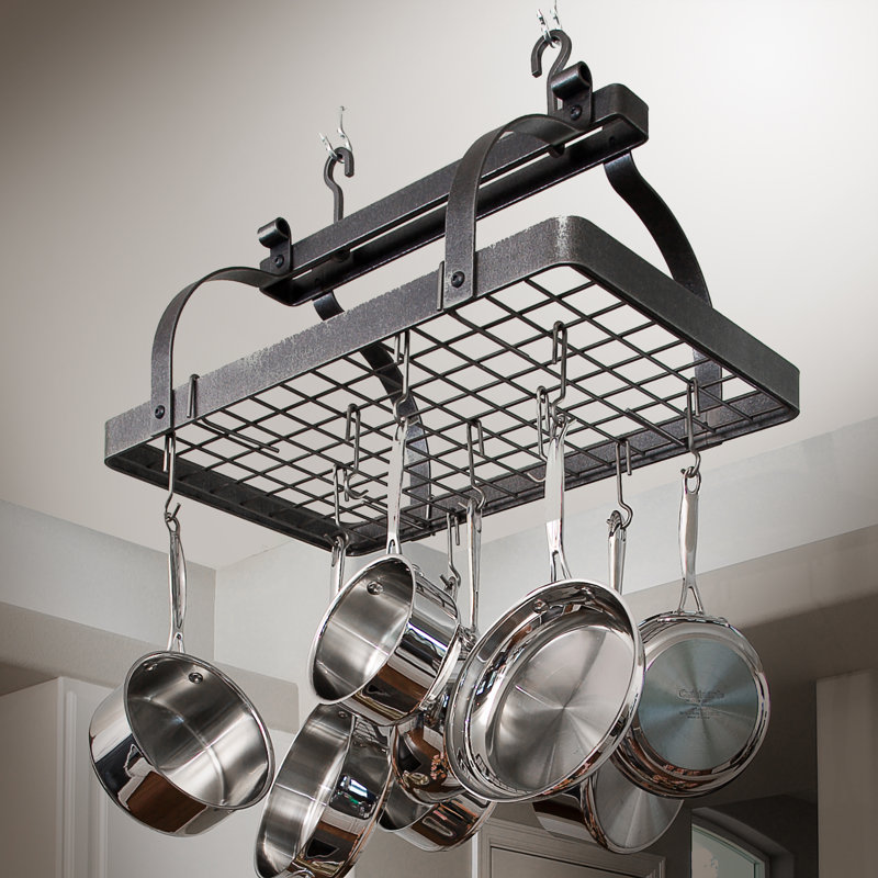 Handcrafted 30" Classic Rectangle Ceiling Rack with 24 Hooks, Hammered Steel