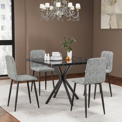 Square Dining Table Set, Mid Century Modern Square Dining Table For 4 Person, Faux Marble Tabletop, Iron Legs, Coffee Table For Kitchen Dining Room, Office, Save Space