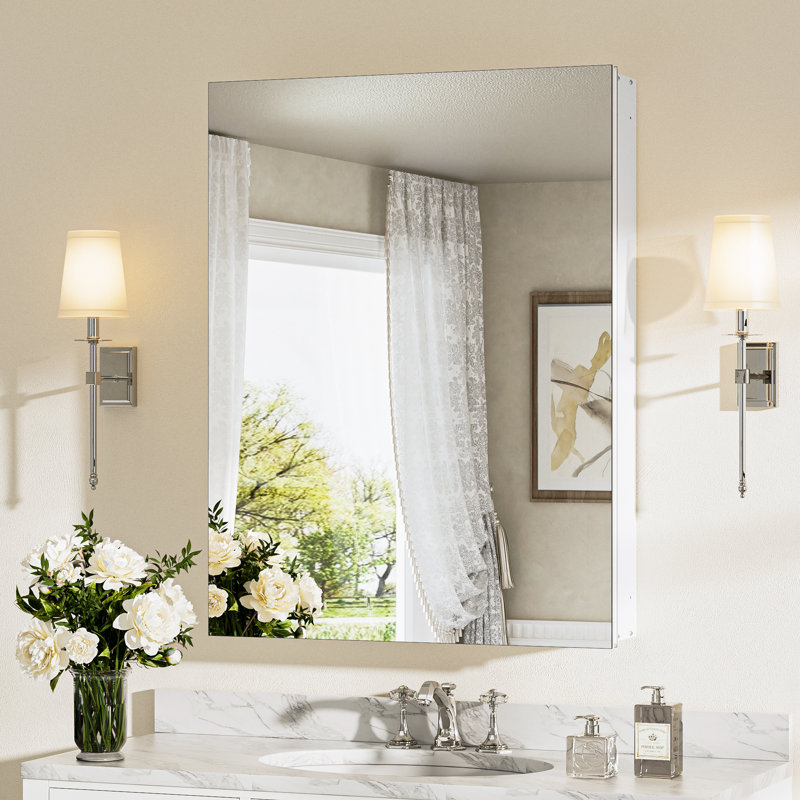 Husai Recessed or Surface Mount Aluminum Frameless Medicine Cabinet With Mirrored Door and Adjustable Shelves, White