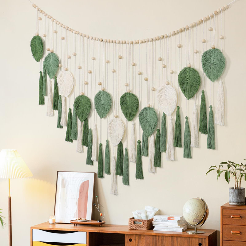 Grande tapisserie murale bohème en bois tissé à la main Boho, vert, 51,2 po x 31,5 po