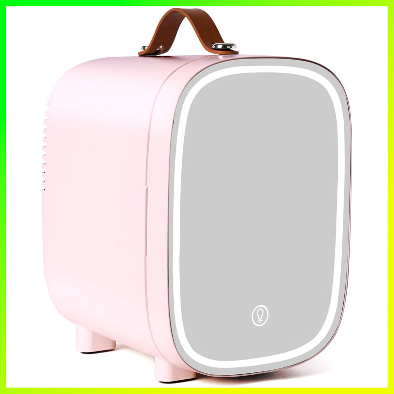 Mini réfrigérateur 4L / 6 canettes pour chambre à coucher - Glacière et réchaud portable avec miroir DEL, alimentation 12 V CA / CC, idéal pour les boissons, le maquillage, le dortoir, le bureau et la voiture, miroir