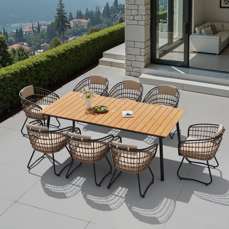 8 - Person Metal Patio Dining Set With Removable Cushions And Umbrella Hole, Beige Cushion/Brown Table Top