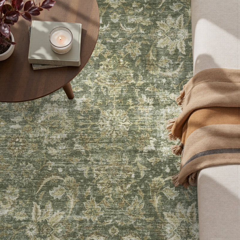 Soft Non-Slip Washable Vintage Floral Area Rug Sage Green , Rectangle 8' x 10', Green