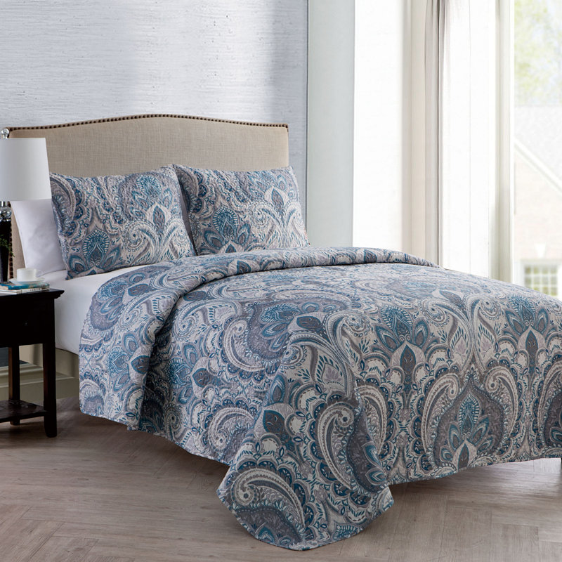 Lawrence Blue Microfiber Reversible Full Quilt Set
