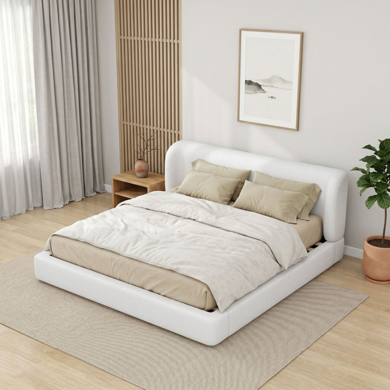 Lit plateforme tapissier avec tête de lit, White, King