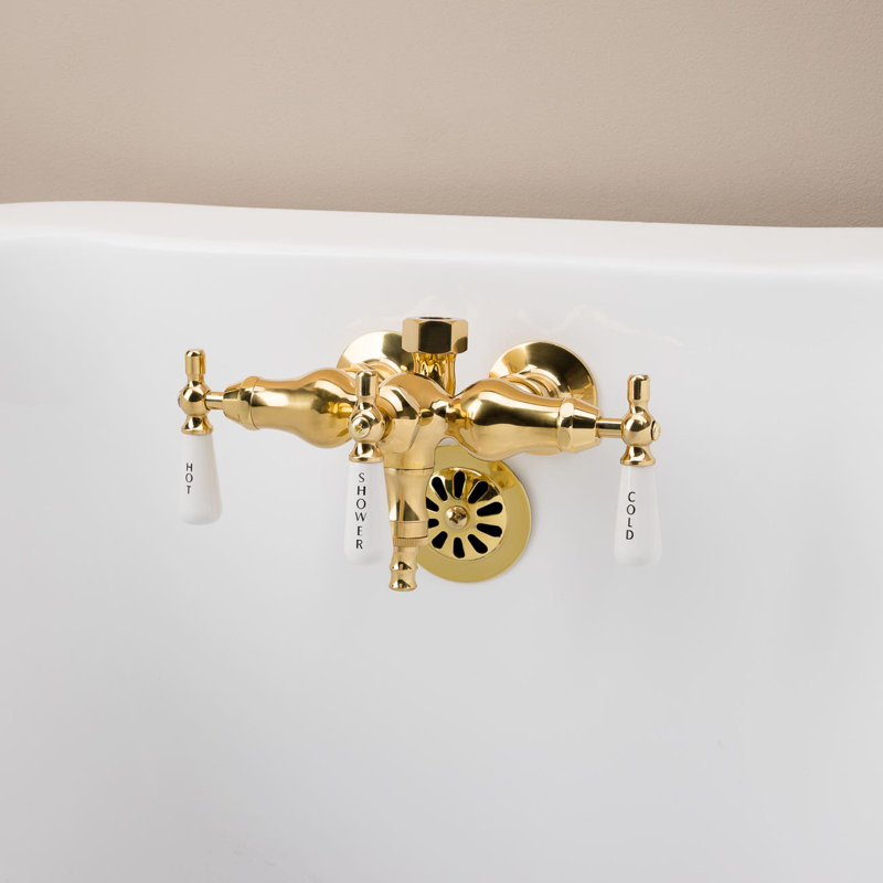 3 Handle Wall Clawfoot Tub Faucet with Diverter, Polished Brass