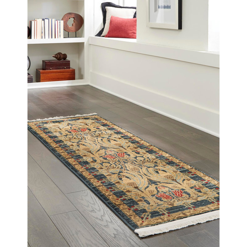 Tapis contemporain de couleur denim Stirling, Tapis de couloir 2 pi 7 po x 13 pi 1 po