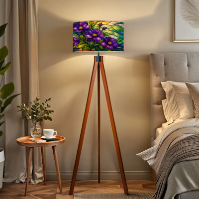 Lampe sur pied avec motif floral en vitrail, feuilles vertes éclatantes, télécommande, intensité variable, DEL, pieds en hêtre, abat-jour tambour amovible en lin, style milieu du siècle, idéal pour le salon, la chambre ou le bureau.