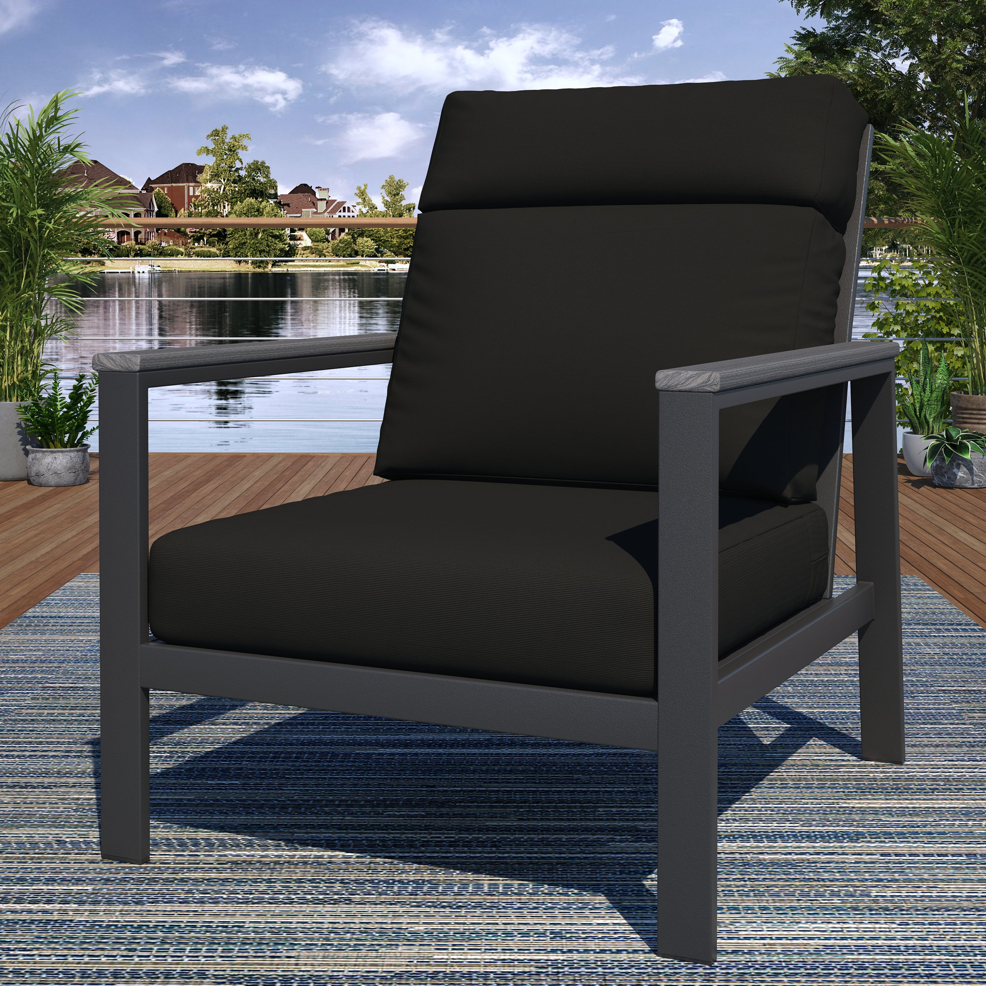 Townsend Metal Outdoor Lounge Club Chair With Sunbrella Cushion, Gray, Canvas Black