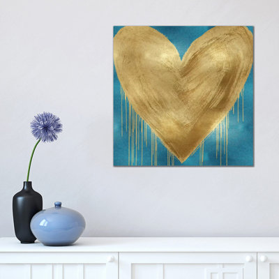 Impression d’art graphique, "large cœur Gold on Aqua" par Lindsay Rodgers