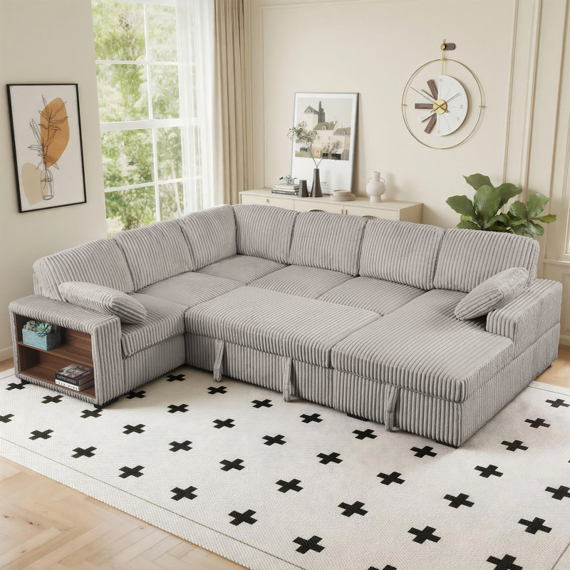 Canapé modulaire de 117 po à 6 places avec canapé-lit escamotable, canapé-lit en velours côtelé convertible en forme de U avec méridienne et accoudoirs de rangement pour le salon