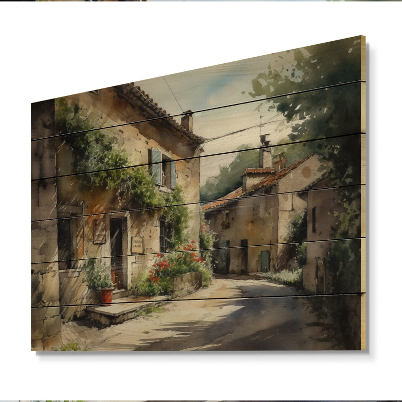 Méditerranée Village Street VI - impression de paysage de chalet sur bois de pin naturel, H 24 po x l 32 po x P 0,78 po