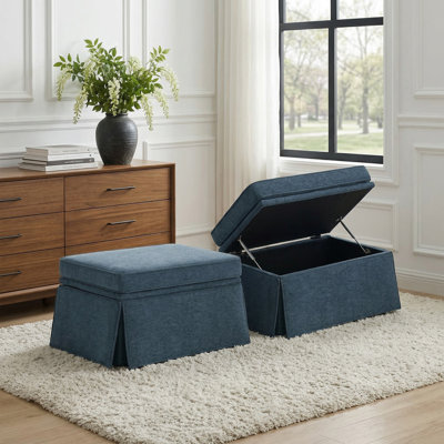 Upholstered Navy Skirted Rectangular Storage Ottoman with Lift-Top (Set of 2)