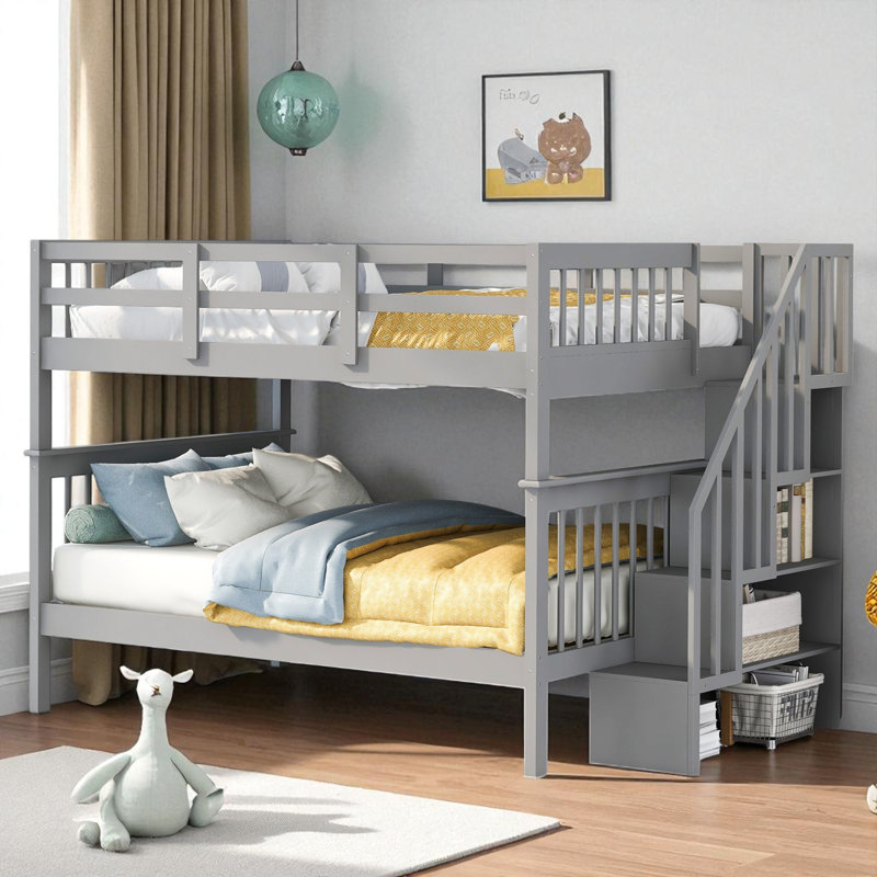 Lit superposé en bois avec escalier de rangement, Gris, Double sur double