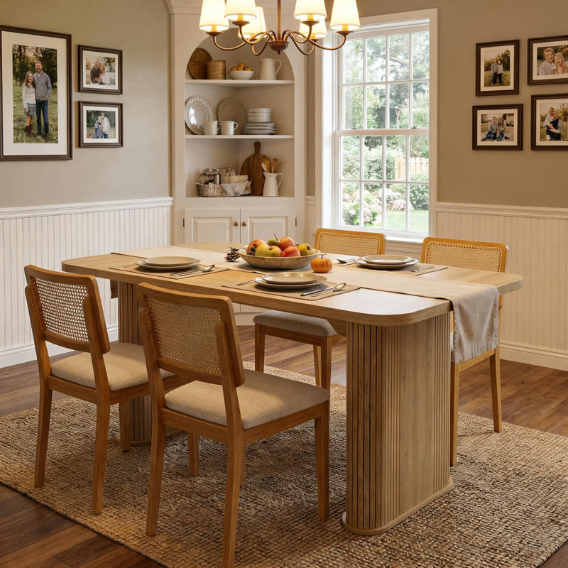 Table de salle à manger en bois, table de salle à manger rectangulaire moderne de 63 po pour 4 à 6 personnes, table de cuisine facile à assembler avec pieds ondulés pour salle à manger, maison, bureau, salle de réunion