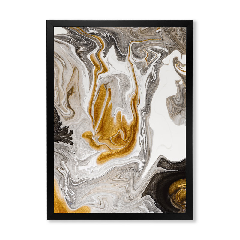 Vague de marbre doré et noir V - peinture sur toile, H 20 po x l 12 po x P 1 po, Cadre noir