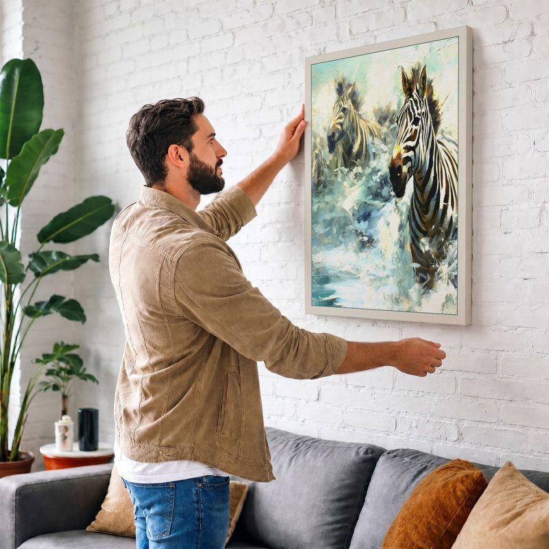 Zebras In Motion Modern - Print, 30x20 - 76.2 x 50.8 cm, Teal Border