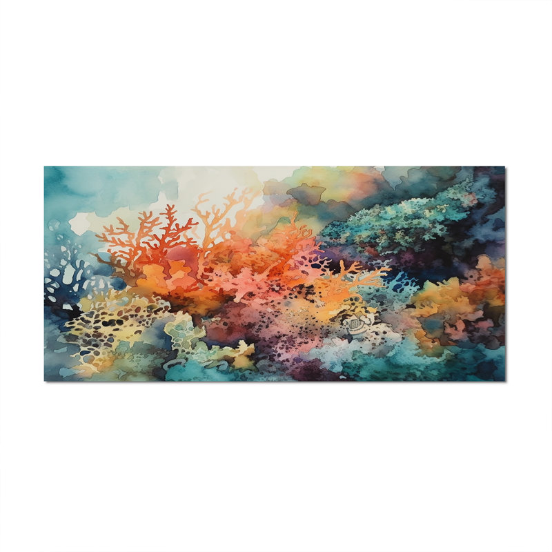 «Vibrant Coral Reef I - Modern Beach», art mural, Toile tendue, H 28 po x l 60 po x P 1,5 po