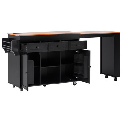 85.5" Kitchen Island with Extendable Dining Table, Kitchen Storage Table with 3 Side Open Shelves, Rolling Kitchen Island with Power Outlet, 3 Drawers