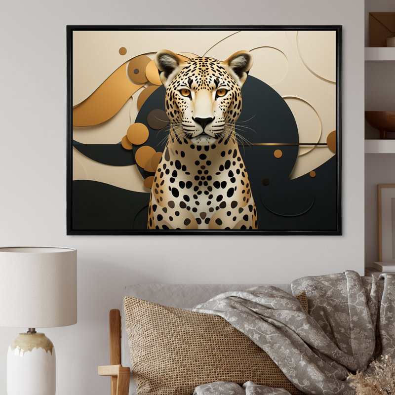Léopard élégant géométrique - art mural léopard, H 34 po x l 44 po x P 1,5 po, Cadre flottant noir