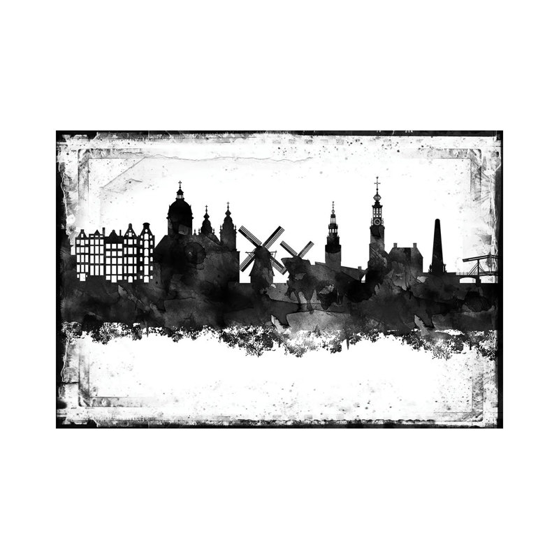 Amesterdam Black And White Framed Skylines by WallDecorAddict - Wrapped Canvas Bold Art, Wrapped Canvas