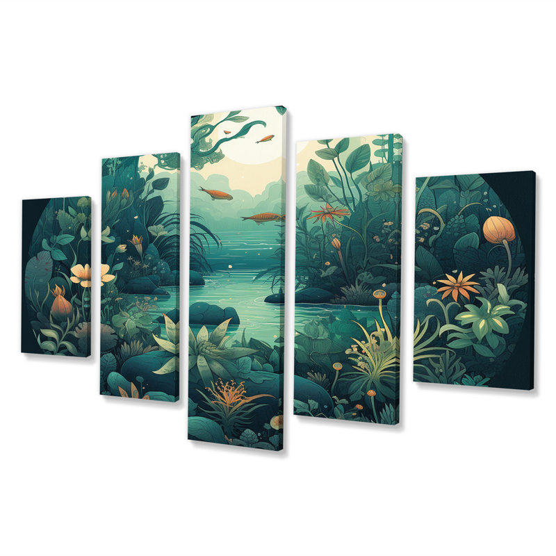 Magical Lake Visions Retro Botanicals I - Christianisme, art mural sur toile - 5 panneaux