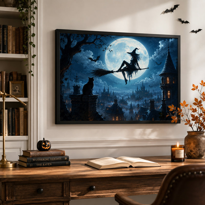 «Witch on Broomstick Over Gothic City Under Full Halloween», art mural sur toile, H 12 po x l 18 po
