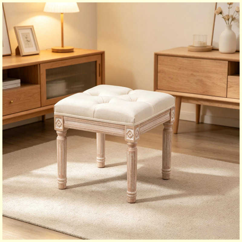 Élégant tabouret d'appoint capitonné, tabouret de meuble-lavabo rembourré avec pieds sculptés
