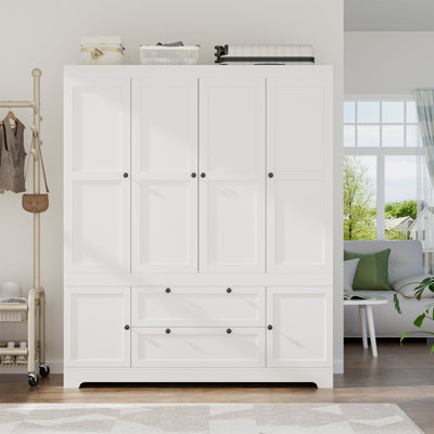 Modern Freestanding Wardrobe Armoire With Hanging Rods, Shelves & Drawers 