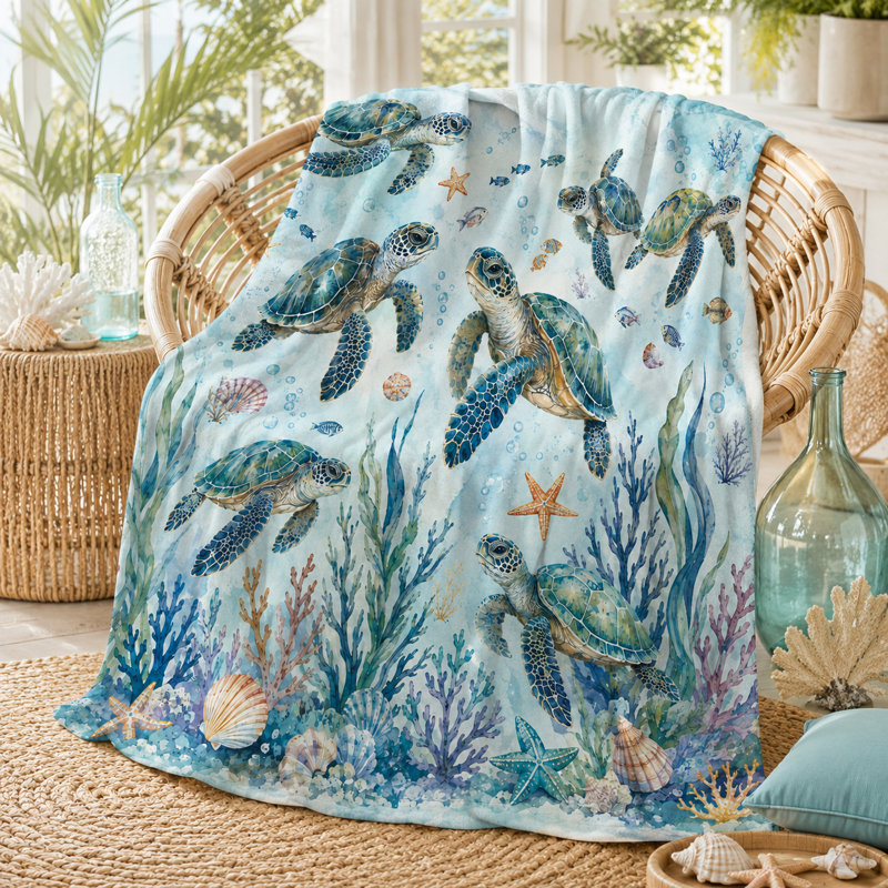 Swimming Sea Turtle Blanket, Watercolor Ocean Life with Fish, Starfish, Shells and Coral, Flannel Throw for Sofa, Bed, Reading, Travel and Lounging, 60 x 80 in