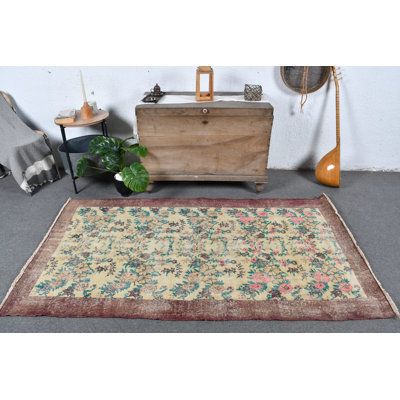 Tapis rétro en laine beige Anatolian avec motif floral Oushak pour décoration de chambre brun / beige