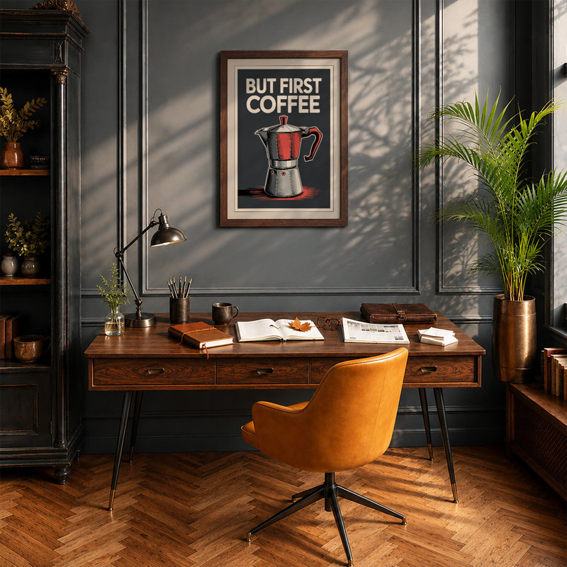 But First Coffee Retro - Framed Print, Walnut, A3 - 42.0 x 29.7 cm