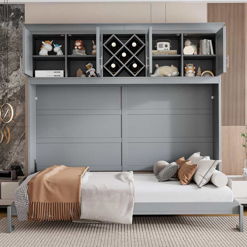 Murphy Bed Wall Bed With Top Cabinets & Wine Rack, Gray