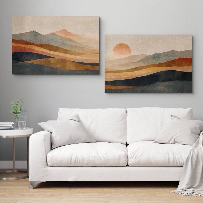 «Earthen Hues Abstract Sun Mountain Rustic» 2 pièces, H 24 po x l 36 po, Toile tendue